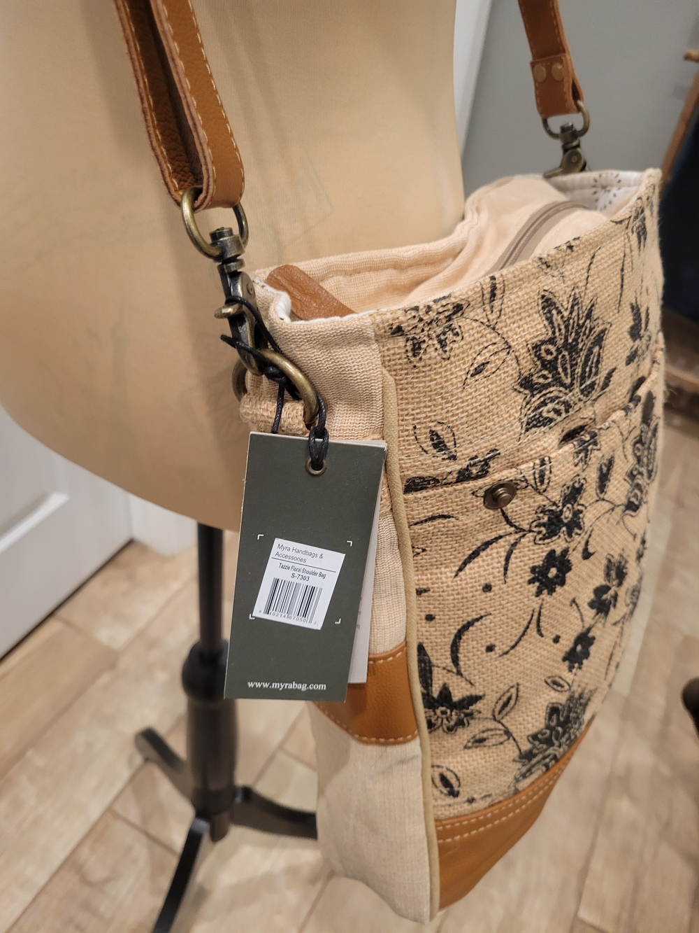 NWT Myra Bag Black Floral Canvas Crossbody with Brown Trim - Picture 2 of 7